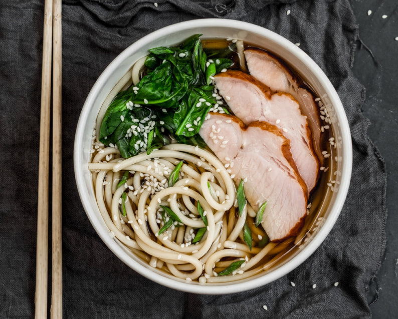 Ramen with Crispy Belly of Pork, Sesame and Seasonal Spring Vegetables